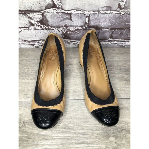 Tory Burch Tan Leather Black Patent Leather Block Heels Women’s Sz 8.5M US/39EU - Picture 10 of 16
